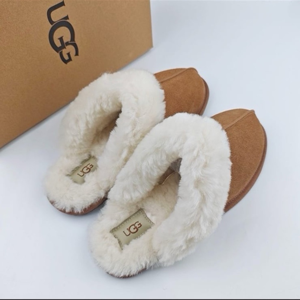 UGG Tan Slippers with Plush Cream Lining